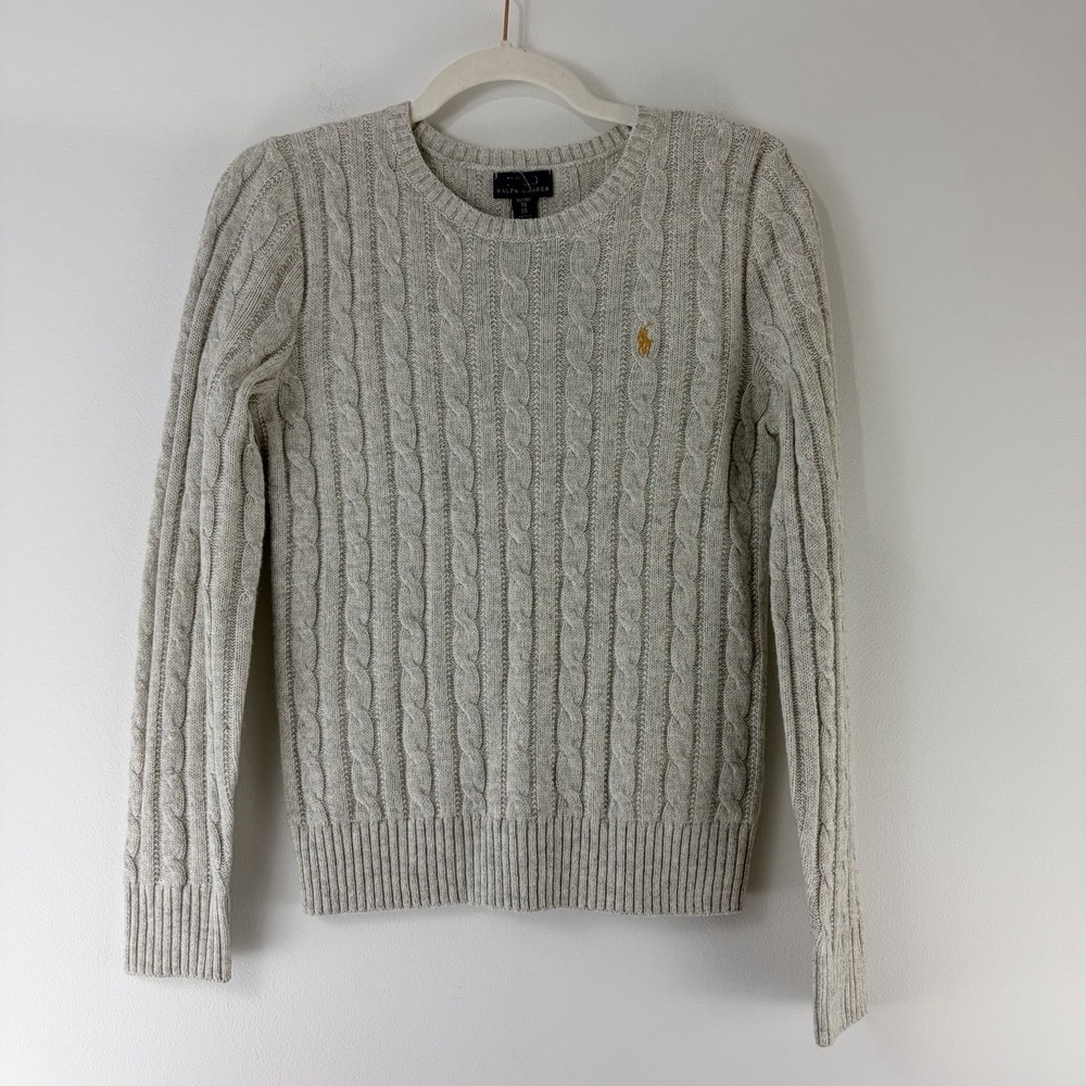 Polo Ralph Lauren Girls XL 16 Gray Cable Knit Wool Blend Crewneck Sweater Pony